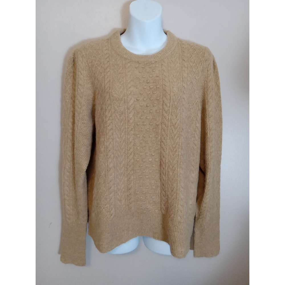 J Crew Women Golden Tan Woolblend Cable Knit Crew Neck Sweater Size L